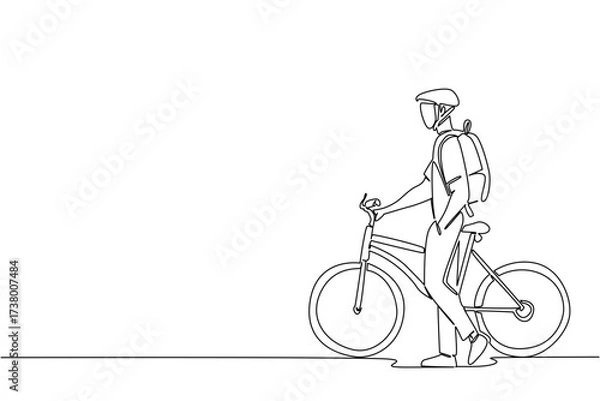 Obraz Single continuous line drawing businessman with bicycle helmet, carrying backpack and pushing his bicycle. Take a walk, take a break. National Bike to Work Day. One line design vector illustration