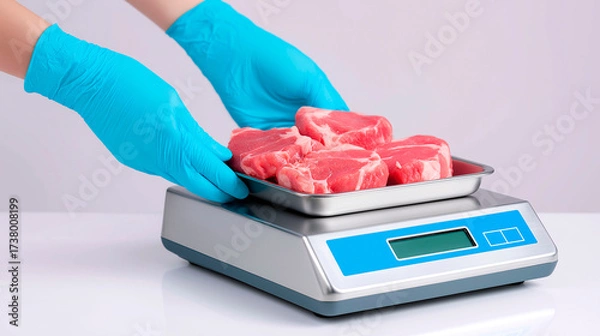 Fototapeta Gloved hands placing metal tray with raw pork chops on electronic kitchen scale in clean sterile environment