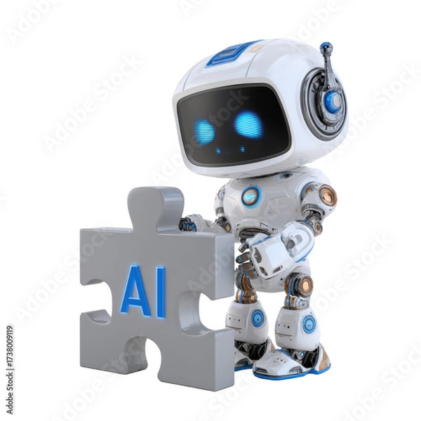 Obraz Cute AI Robot With Puzzle Piece Symbolizing Artificial Intelligence