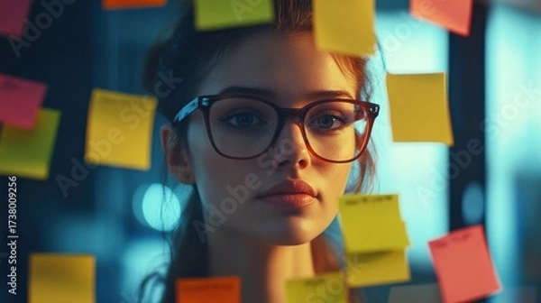 Fototapeta Focused young woman brainstorming, looking through sticky notes on glass.