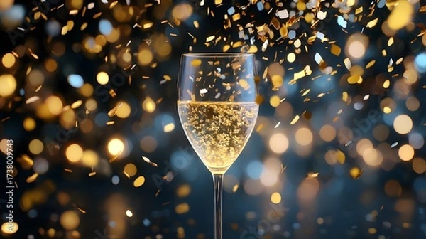 Fototapeta Celebration in a glass with sparkling drink and confetti in the background at a festive event