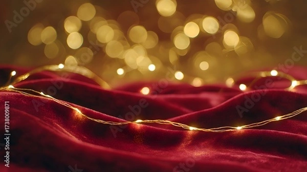 Fototapeta Soft red fabric adorned with twinkling lights creates a warm atmosphere for celebration
