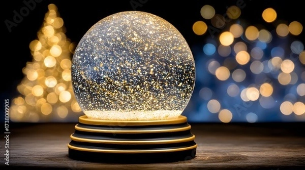 Fototapeta Sparkling snow globe with golden shimmer and blurred holiday lights in the background