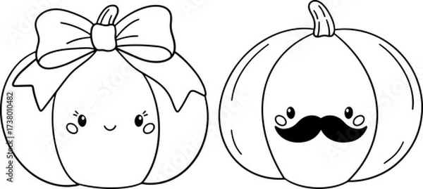 Fototapeta Kawaii doodle pumpkins in black and white line art, one with a big bow and smiling face, the other with a mustache, designed as a Halloween themed coloring page or vector illustration.