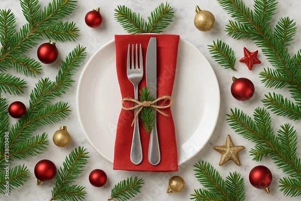 Obraz Festive Christmas Table Setting with Decorations