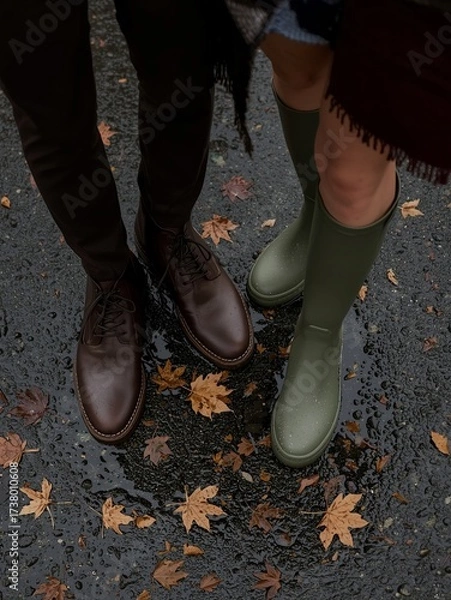 Obraz Autumn Boots and Fallen Leaves on a Wet Pavement