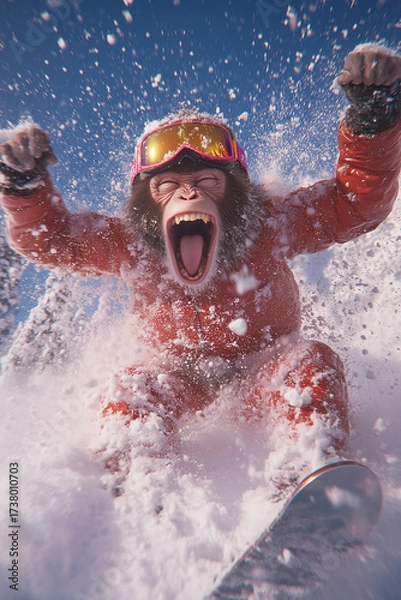 Obraz Adventure mood - monkey in pink ski gear is going down the snow, winter vacation in the mountains.