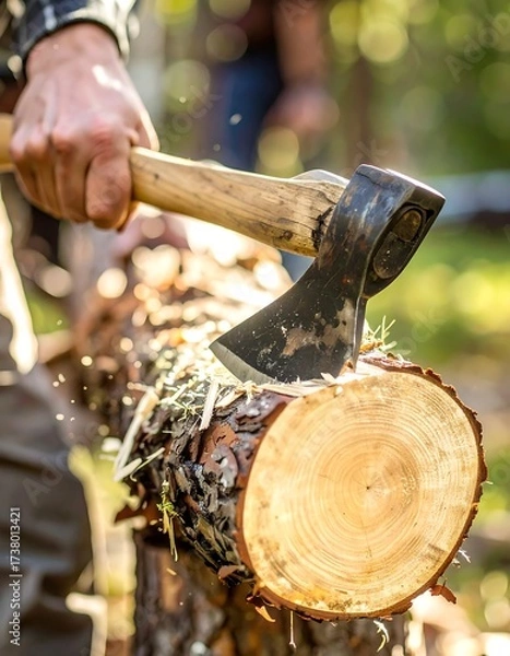 Obraz Close-up of an axe chopping wood