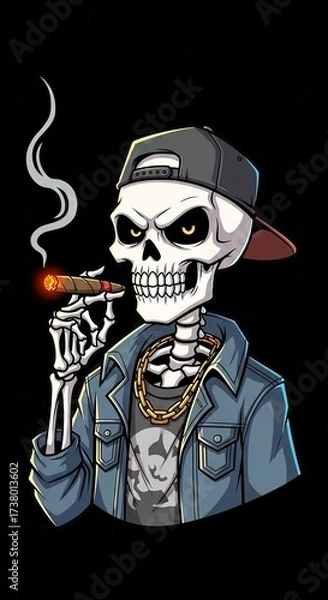 Obraz Cool gangster skeleton character in urban streetwear smoking a cigar, a modern vector mascot illustration for t-shirt design.