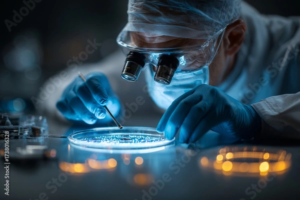 Fototapeta Lab technician conducts detailed inspection of microchip in high-tech facility