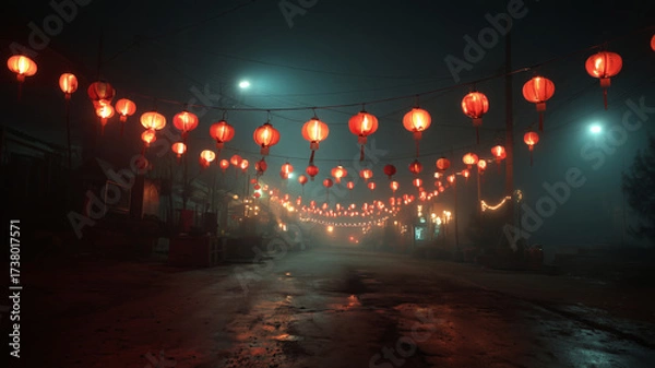 Fototapeta Misty street adorned with glowing red lanterns at night