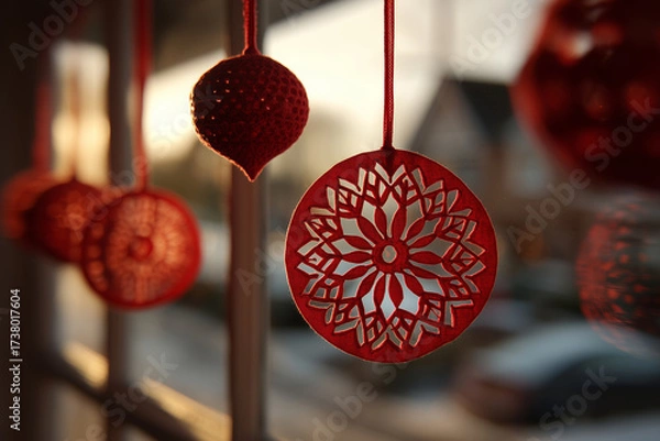 Fototapeta Red paper cut decorations create a warm atmosphere in a cozy window setting