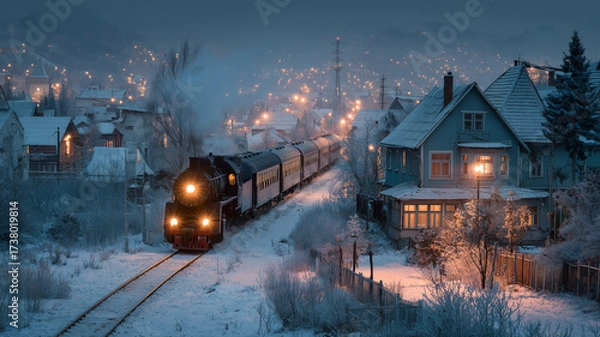 Fototapeta Night train passing through snowy village illuminated by soft lights