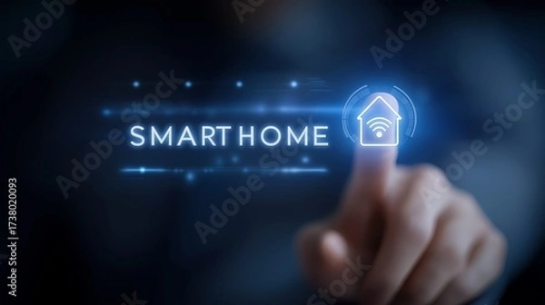 Fototapeta User finger taps glowing smart home with Wi-Fi symbol image with digital overlay. WiFi house futuristic HUD photography conceptual. Innovation housing concept photo realistic