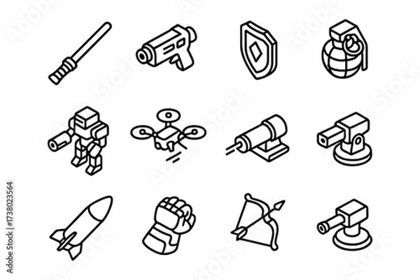 Fototapeta Futuristic weapons and tech icons in isometric style