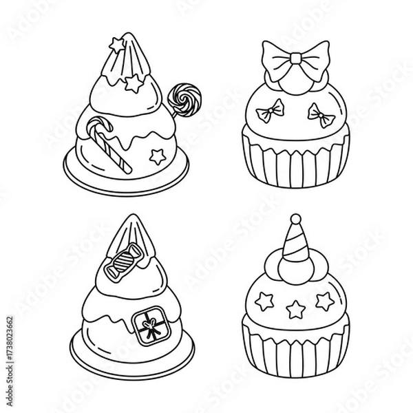 Obraz Cute Christmas and New Year celebration cakes set, including festive cupcakes, Xmas tree cakes with candy, stars, bows, and party hats. Vector outline art for coloring book.