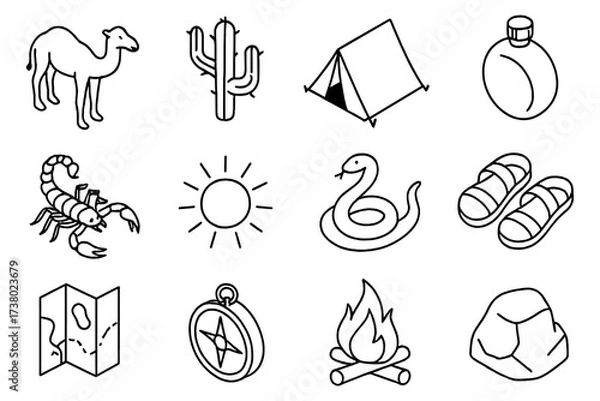 Fototapeta Simple nature and adventure icons set in black outline style