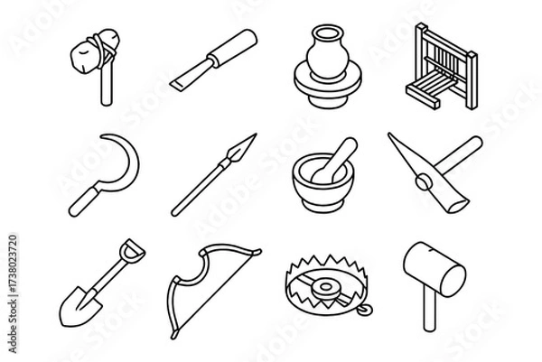 Fototapeta Collection of ancient tools and weapons in isometric black and white line art