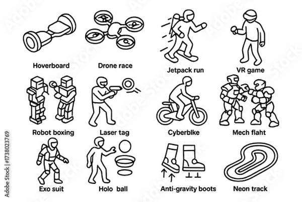 Fototapeta Futuristic activities and gadgets in outline style: drones, hoverboards, and vr adventures