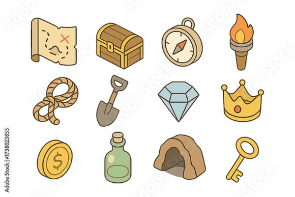 Fototapeta Adventure icons set: treasure, compass, map, and more in isometric design