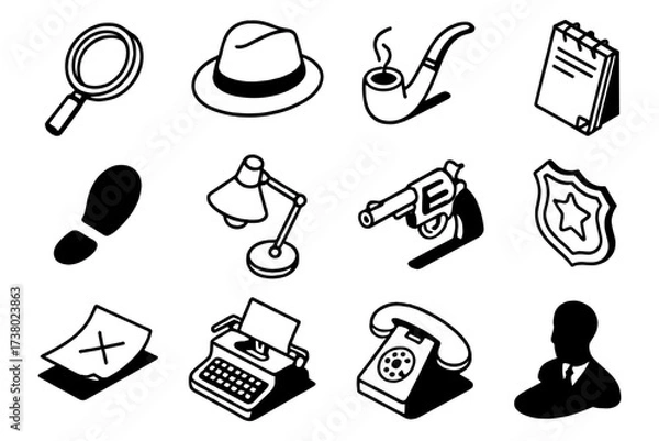 Fototapeta Detective icons: retro themed mystery solving objects in black and white