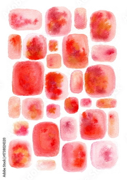 Fototapeta A watercolor pattern composed of rectangular and oval shapes of varying sizes. The color palette ranges from soft pink to rich red with smooth transitions and soft, blurred edges.