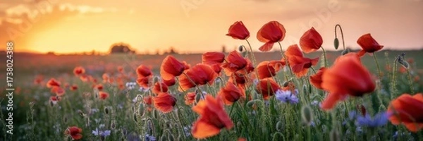 Fototapeta Panoramic field of red poppies and cornflowers at sunset