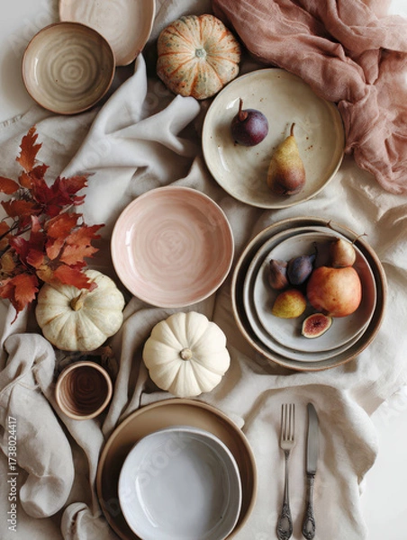Obraz Top view of autumn table setting with pumpkins, plums, and pears. Cozy rustic atmosphere, perfect for seasonal food, lifestyle, and festive decoration concepts.