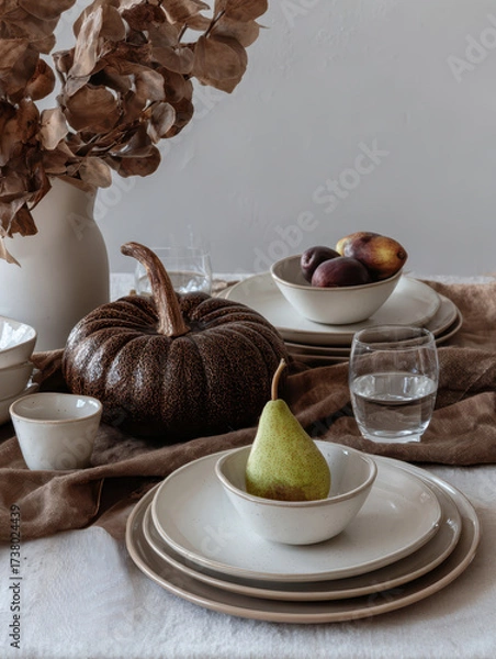 Obraz Autumn themed dining table decorated with pears and pumpkins. Warm rustic design, ideal for seasonal lifestyle, food photography, and festive holiday concepts.