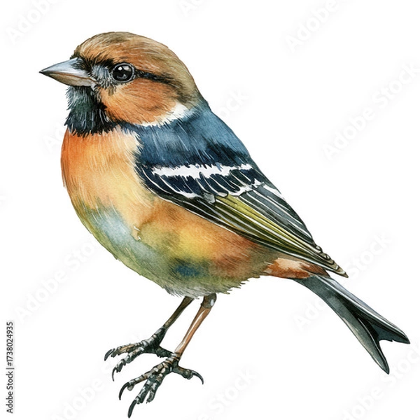 Fototapeta Realistic watercolor illustration of a perched bird with detailed plumage, isolated on transparent background, showcasing its natural beauty and intricate feather patterns