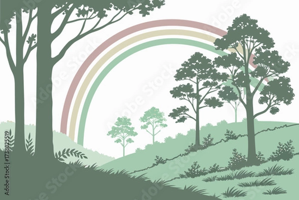 Fototapeta Pastel rainbow arches over a serene green forest landscape