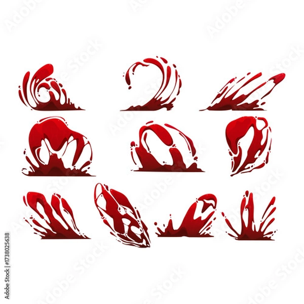 Fototapeta Set of realistic red liquid splashes, drips, and stains illustrations on white background