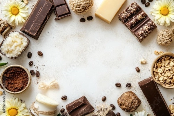 Fototapeta Assorted chocolate, soap, and oats frame a white background with coffee beans. Perfect for blogs, websites, and social media posts about self-care or treats.