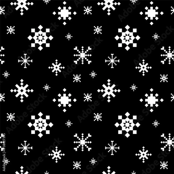 Fototapeta Abstract Geometric White Snowflake on Dark Background. Seamless texture of snowflakes in geometric style for prints, winter themes, holiday cards, gift wrap, textiles, and seasonal packaging. Vector