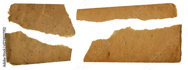 Fototapeta Set of Old Brown Vintage Sticky Notes with torn edges. Retro paper elements for scrapbooking, collage and journal design, isolated on transparent background