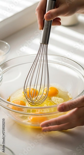 Fototapeta Baking preparation with fresh eggs being whisked in a glass bowl, the perfect start to a delicious cake batter, home cooking and baking, culinary arts