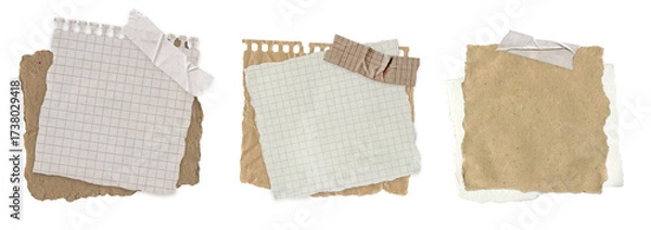 Fototapeta Set of Torn Vintage Notebook Paper. Aged grid sheets, spiral notes and blank textured pieces for scrapbooking, note, journal, diary and craft collage isolated on transparent background