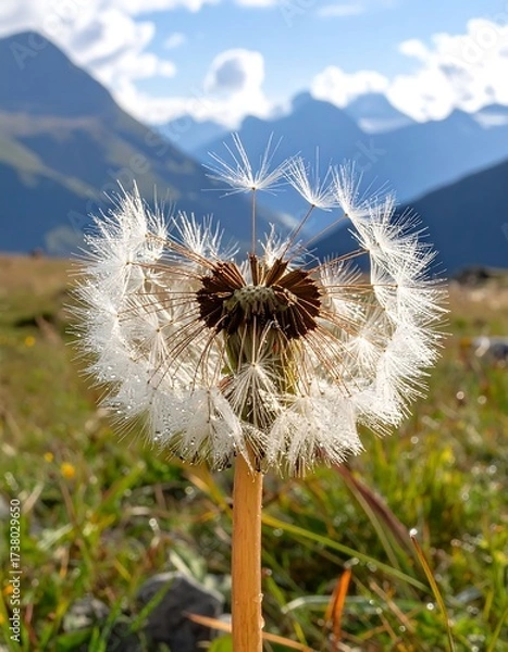 Obraz Close-up of dandelion seed head against mountain backdrop