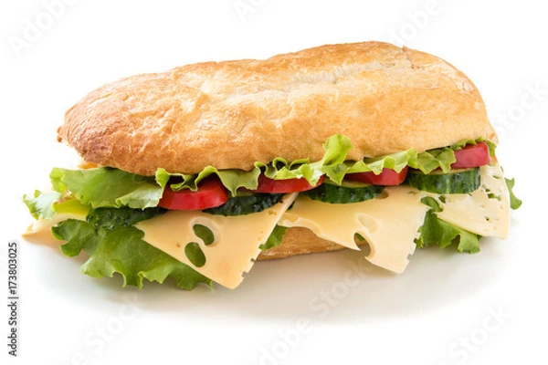 Fototapeta Ciabatta sandwich with salad, tomato, cucumber and cheese isolated on white