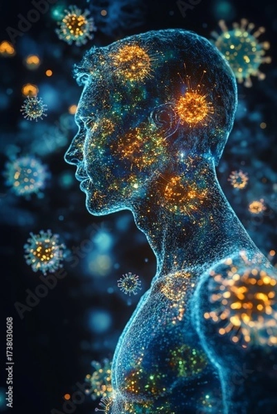 Fototapeta 3D medical visualization of a human body silhouette covered with measles rash patterns and Koplik spots
