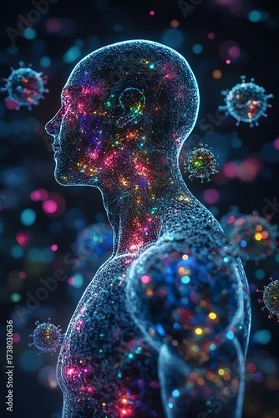 Fototapeta 3D medical visualization of a human body silhouette covered with measles rash patterns and Koplik spots