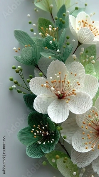 Obraz Handcrafted Paper Flowers: Textured White Blooms with Pastel Green Leaves for Spring Wedding Decor, Home Accents and Floral Arrangements