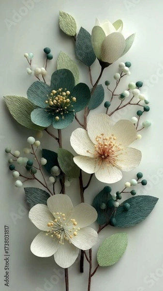 Obraz Handcrafted Textured Paper Flowers with Teal Green Petals, Cream Blooms and Berry Accents - 3D Botanical Wall Decor for Modern Minimalist Home, Spring Wedding or Bedroom