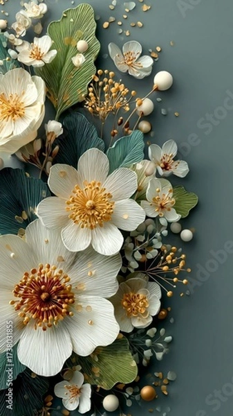 Obraz Elegant 3D Textured Paper Floral Composition with Cream Ivory Petals Gold Stamens and Teal Green Leaves on Soft Blue Background for Wedding Invitations Minimalist Decor and Greeting Card Design