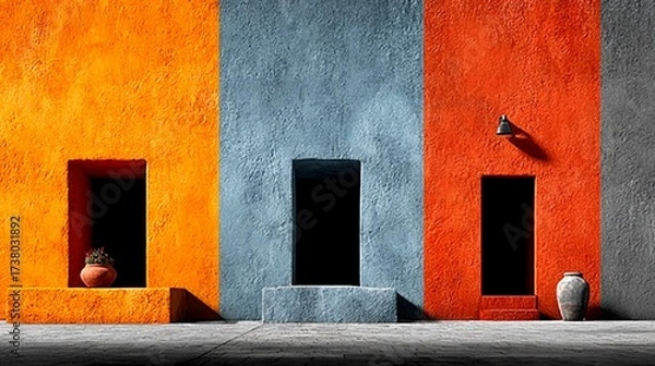 Obraz Vibrant Terracotta, Blue, and Orange Textured Plaster Walls with Doorways, Decorative Wall Sconce, and Rustic Clay Pot for Interior Design & Modern Decor Backdrops