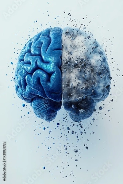 Fototapeta Conceptual 3D illustration of a halfintact blue brain with the other half dissolving into particles