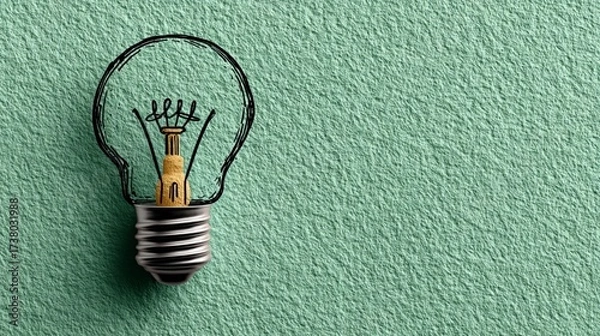 Obraz Hand-Drawn Light Bulb with Black Outline on Textured Green Background: Minimal Innovation Symbol for Creative Presentations, Business Concepts, and Inspiration Themes
