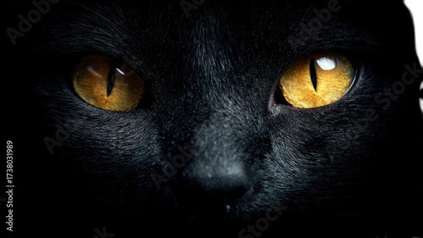 Fototapeta Black cat face in the dark with glowing yellow eyes mysterious animal portrait night predator isolated on white background
