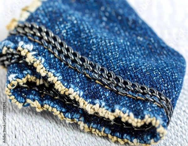 Obraz Close-up of folded denim fabric with frayed edges and metal chain