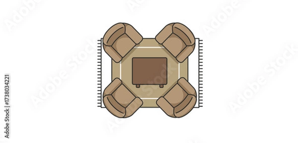 Fototapeta living room setup with four chairs around a square coffee table on a rug ideal for interior design providing a cozy and inviting atmosphere.